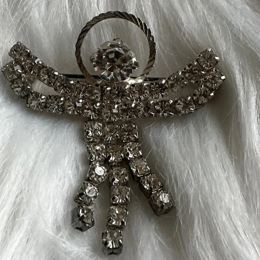 VINTAGE RHINESTONE SILVER ANGEL BROUCH